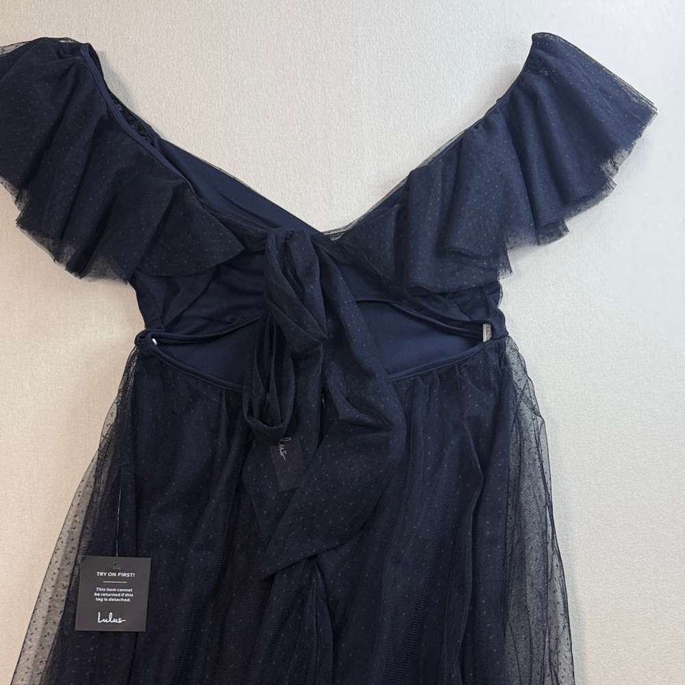 Lulu's Navy Tulle Maxi with Ruffle Cap Sleeves - Picture 4 of 11